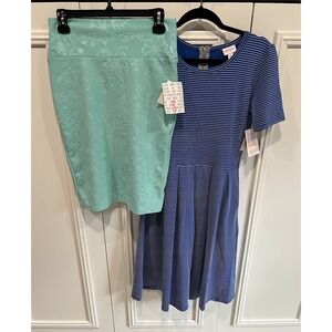 Lularoe Blue Striped Amelia Dress & Mint Green Cassie Skirt Lot New